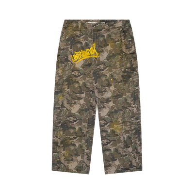 OFF DUTY CARGO — baggy camo cargo pants, hand-splattered yellow paint, graffiti tag — Unfriendly NYC