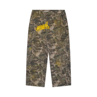 OFF DUTY CARGO — baggy camo cargo pants, hand-splattered yellow paint, graffiti tag — Unfriendly NYC